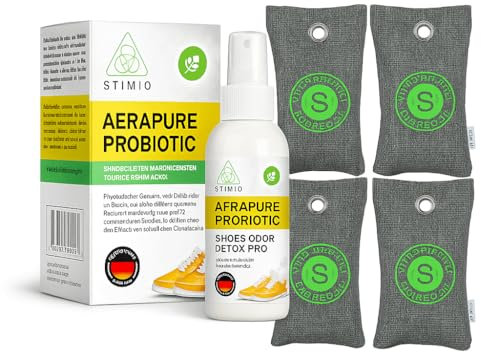 Schuhgeruch entfernen mit System – Frische-Set mit 100 ml Schuhspray & 4x Aktivkohle-Beutel – Probiotisch, ohne Chemie – gegen Schweißgeruch & Feuchtigkeit in Sneakern, Schuhen & Taschen