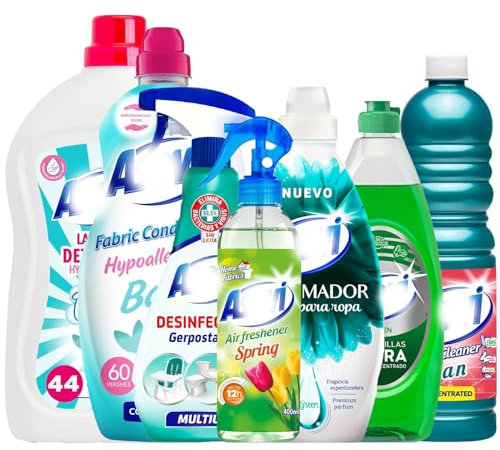 7 Piece Green Bundle Spanish Cleaning Products, Air Freshener, Washing up Liquid, Fabric Scent Booster, Multipurpose Disinfectant, Floor Cleaner, Fabric Softener Conditioner, Baby Laundry Detergent