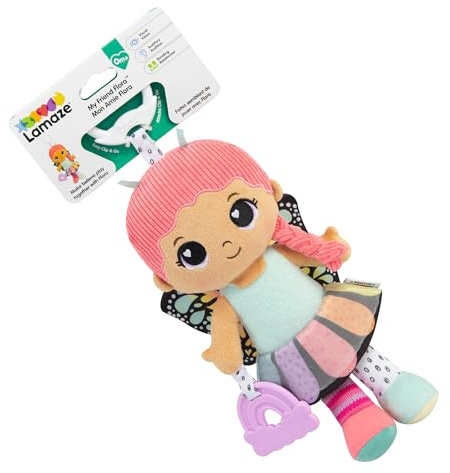 LAMAZE My Friend Flora Clip & Go Puppe, Texturierte Erstlingspuppe mit Knisterrock & Schmetterlingsflügel, Regenbogen-Beißring & Rassel, Clip für Buggy, Sensorische und Motorik‑Entwicklung