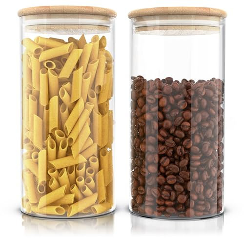 Arendo - Vorratsgläser mit Deckel - 2er Set - Behälter aus Glas – hitzebeständig – Vorratsdosen mit Bambusdeckel - luftdicht - für Müsli Zucker Mehl Kaffee Reis