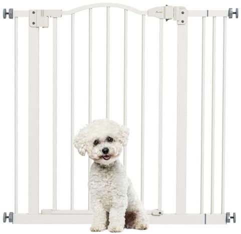 PawHut Barrera de Seguridad para Perros Extensible 74-87 cm para Puertas y Escaleras Puerta de Seguridad para Mascotas con Montaje a Presión y Doble Bloqueo Blanco