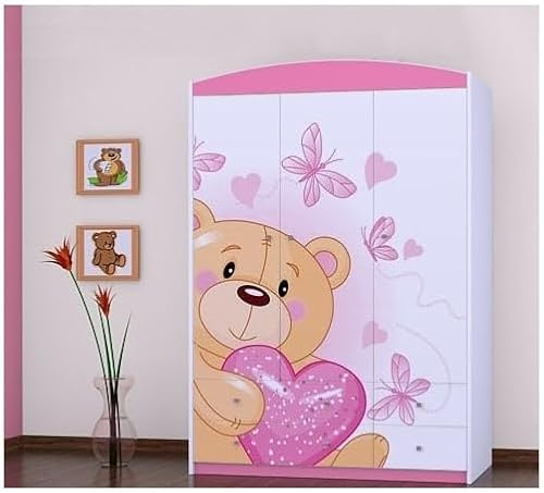 BDW - Kleiderschrank mit Schubladen - Schrank 128 cm breit, 190 cm hoch - Flurschrank 3 türig, mit Kleiderstange und Einlegeböden - für Schlafzimmer, Kinderzimmer - Rosa 1