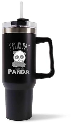 Planetee Mug Isotherme 1,2L - Je peux pas J'peux pas panda JP panda Noir – Bouteille avec Anse, Paille et Couvercle – Idée Cadeau Gourde Personnalisée