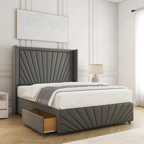 BSSPOKE Nola 54” Winged Sunrise Divan Double Bed Base Plush Velvet with Mattress Included 2 Foot End Storage Drawers Luxury Storage Bed (Grey (with Mattress), 4ft6 Double (2 Drawers))
