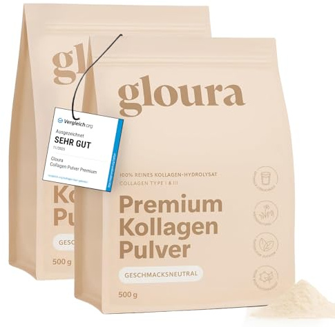Gloura Premium Kollagen Pulver, 100 % reines Collagen Hydrolysat Typ 1 & 3, 1000g - geschmacksneutral, frei von Zusätzen, gute Löslichkeit