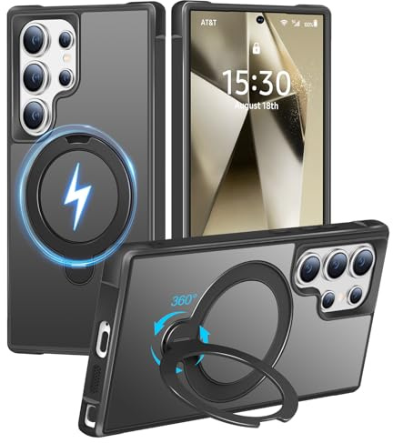 HuwaiH 360° Magnet Ständer Hülle für Samsung Galaxy S24 Ultra, Schwarz | Magnetischer Ständer Militärischer Fallschutz Stoßfest Anti-Fingerprint Handyhülle, Freihändig Für Videos, Arbeit, Reisen