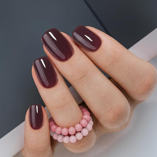 CurvLife Short Square Fall Press On Nails, Wine Velvet Red Brown, Soft Gel | 32PCS in 16 Sizes, Salon-Quality Fake Nails, Curved Fit, Glue-On Nails with 7-14 Day Wear, Reusable Stick-On Nails