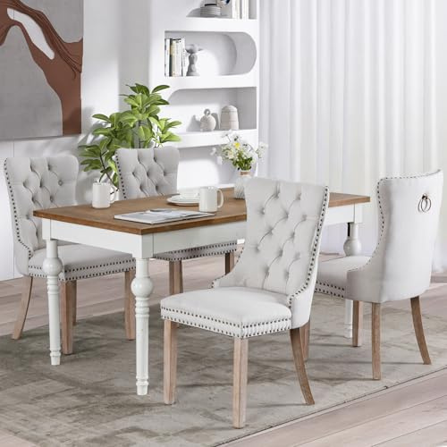 SoarFlash Esszimmerstühle mit gepolstertem Flügelrücken, Weiß, 4er Set | Weicher Leinenbezug, Tufting, Nietenbesatz, Rückenring, Holzbeine. Ideal für Esszimmer, Wohnzimmer, Innendekoration.