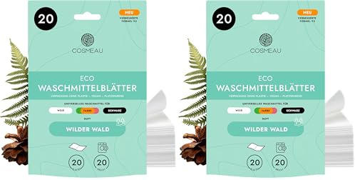 Cosmeau Waschmittel Blätter Wildwald - bis zu 20 Waschgänge (20 Blätter) - Nachhaltiges Waschmittel für Weiß, Farbe und Schwarz - Plastikfrei, Abbaubar & Perfektes Reisewaschmittel (Packung mit 2)