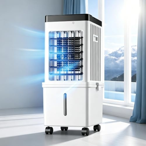 Ventilatore rinfrescante evaporativo 3 in 1,Ventilatore umidificatore portatile raffreddato ad acqua con telecomando, 3 velocità, timer da 7,5 ore e oscillazione a 120°, serbatoio dell'acqua da 15 L |