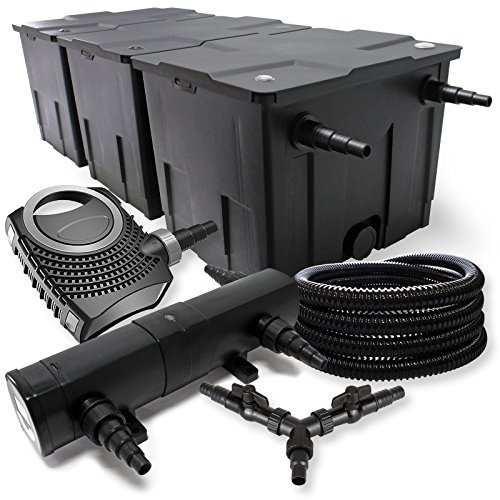 SunSun Komplettset: CBF-350C Teichfilter bis 90000 L Teichfilteranlage Durchlauffilter, NEO10000 Teichpumpe 10000l/h 80W, CUV-236 Teichklärer UVC Klärer mit 36W, 25m Teichschlauch 25 mm, Y-Verteiler