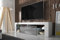 Hestia - Meuble TV (140 cm, Blanc Mat/Fronts Gris Brillant avec l’éclairage LED)