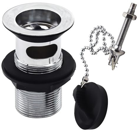 Deva DW300 Replacement Metal Slotted Basin Waste with Brass Chain Black Poly Plug and Stay 1-1/4 Chrome Bathroom Sink Hole Drain Trap Kit
