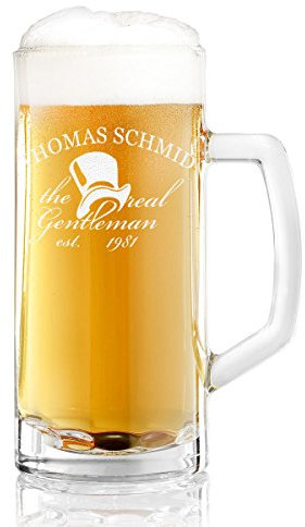 Bierkrug mit Gravur - Bierglas mit Namen und Jahreszahl Personalisiert - Bierseidel Geschenkidee zum Geburtstag Männergeschenk - Masskrug - Motiv Real Gentleman Zylinder 0,5l