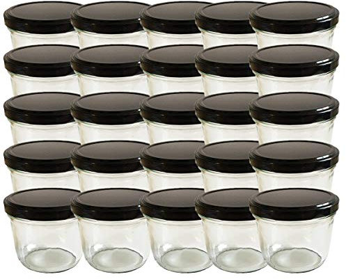 hocz Vorratsgläser-Sturzgläser Set | Menge 25 Stück | Füllmenge 230 ml | Einweckgläser mit Schraub-Deckel Schwarz 25 Etiketten NZ zum beschriften | Allrounder für Marmeladengläser