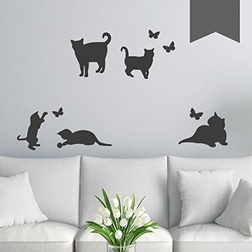 WANDKINGS Wandtattoo - 5 Katzen und 4 Schmetterlinge - 32 x 40 cm - Dunkelgrau - Wähle aus 5 Größen & 35 Farben