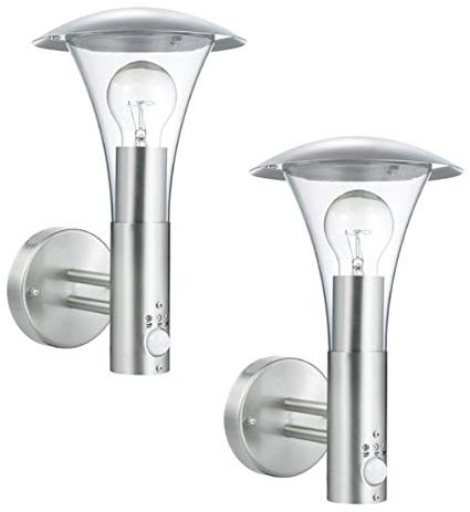 Trango 2er Pack 8001-PIR Sensor Außenleuchte IP44 Wandlampe mit 1x E27 Fassung für LED Leuchtmittel *SARA* Wandleuchte mit Bewegungsmelder aus Edelstahl und Kunststoff (ohne Leuchtmittel)