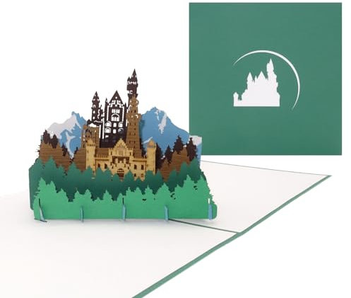 Pop-Up Karte „Bergpanorama & Schloss“ 3D Grußkarte mit Modell German Castle als Souvenir, Geschenk, Geburtstagskarte & Einladung zum Wandern in Bayern