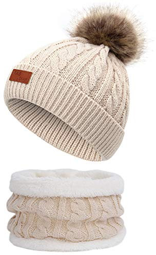 Yixda Baby Mütze Schal Set Mädchen Jungen Warm Fellbommel Beanie Hüte (A6-Beige)
