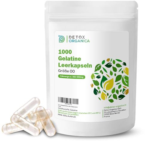 Detox Organica Leerkapseln 00 Gelatine, 1000 Leere Kapseln zum Befüllen, Kapselhülle leer, Empty capsules, geschmacksneutral und transparent, Befüllbar per Hand oder mit einem Kapselfüller