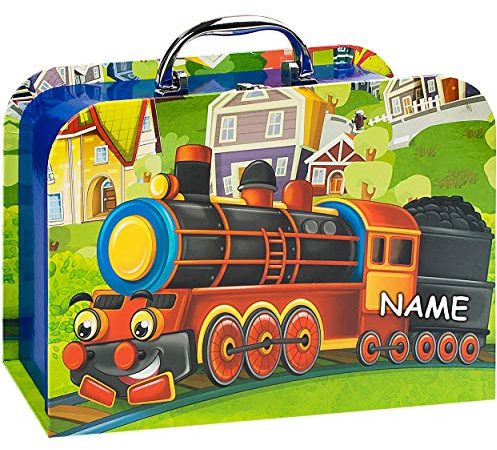 alles-meine.de GmbH Kinderkoffer/Koffer - GROß - lustige Eisenbahn - incl. Name - für Spielzeug und als Geldgeschenk - Mädchen & Jungen - Kinder & Erwachsene - Pappe Karton - P..