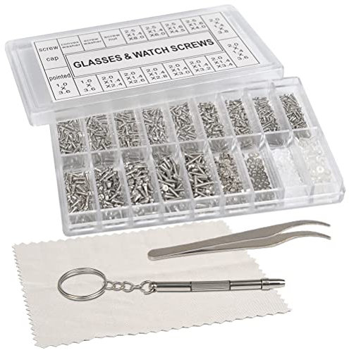 FOROREH 1000 Piezas Tornillo para Gafas, Icro Tornillos de Acero Inoxidable, Kit Pequeño Reparación con Destornillador Pinzas, para Reparar Bicicleta Gafas de Gafas Reloj