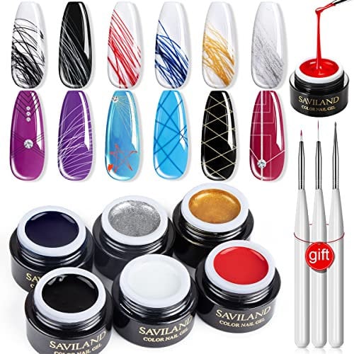Saviland Elastisches Spinnengel UV Nagellack, 6 Farben Liner Gel Nail Art Spider Gel Nagellack für Liner Weiß, Schwarz, Rot,Silber, gold, DIY Ablösen Painting Line for Nagel Maniküre mit Pinseln