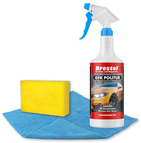 Brestol GFK-POLITUR 750 ml + Poliertuch + Polierschwamm (7554.6) - Waschen ohne Wasser Autolack Schnellreiniger Folienreiniger Carnaubwachs HM10 Ultraclean Schnellpolitur