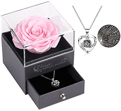 Eaprala Geschenke für sie konservierte echte Rose Schublade Ewige handgemachte konservierte Rose mit Halskette 100 Sprachen Geschenk, verzauberte echte Rose Blume zum Valentinstag Muttertag (Rosa)