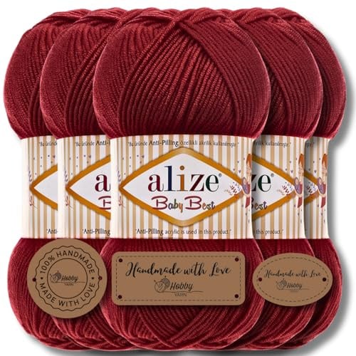 Hobby YARN 3x Etikettenlabel mit Alize Baby Best Wolle Premium 5x100g als Set | Antipilling Babywolle Acryl Uni & Batik Strickgarn zum Häkeln und Stricken (Cherry | 390)