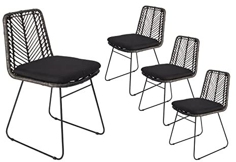 SAM 4er Set Rattanstuhl Kairo, Farbe Anthrazit, Esszimmerstuhl inklusive Sitzkissen, Korbstuhl mit Metallfüßen, Geflechtstuhl/Eisenstuhl im Retro-Design