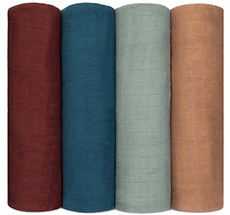 Comfy Cubs Muslin Swaddle Blankets Pack of 4-119 x 119 cm, Soft Cotton Baby Blanket Set, Large Swaddling Wraps for Newborns - Self-Soothing Baby Swaddle - Wine, Neptune, Fern, Caramel