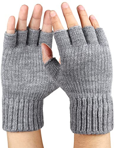 Bencailor Fingerlose Handschuhe Herren Winter Warme Halbfinger mit Weichem Strick Fleece Thermo (Grau)