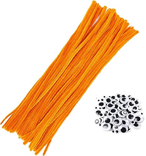 KIMMAX 100 Pfeifenreiniger Bastelset und 100 Googly Eyes -Chenilledraht 30cm-Pfeifenputzer für Kinder Basteln DIY Projekte und Dekorieren (Orange)