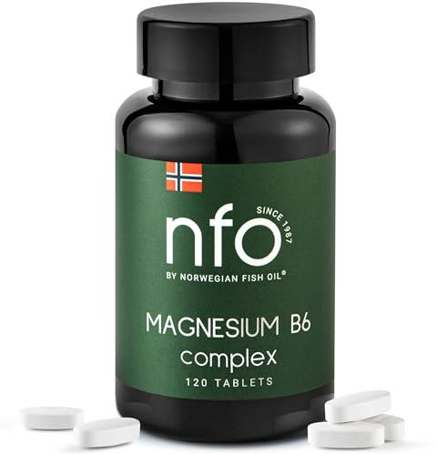 NFO MAGNESIO B6 [120 compresse] Naturale norvegese complesso ad alto dosaggio di Magnesio e Vitamina B6 per la regolazione del sistema nervoso, dell'attività ormonale e delle funzioni psicologiche