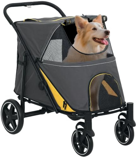 PawHut Dog Stroller Foldable Dog Pram for Medium/Large Breeds Dark Grey | Dog Pushchair Buggy, Adjustable Canopy