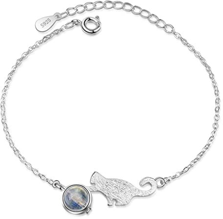 Armband Silber 925 süße mini Katze mit Mondstein Einfache Mode Charm Armreif Handkette Einstellbar (Grau)