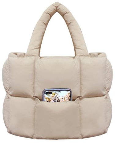 women large puffer purse puffy tote bags dupes light weight handmade nylon bag woven shoulder handbag, Beige, L