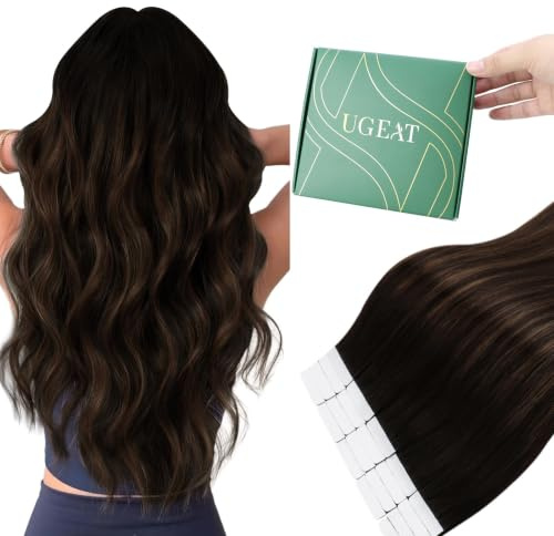 Ugeat Tape in Extensions Echthaar Mittelbraun 35 cm 40G 20 Stück #2/6/2 | Invisible Tape Extensions, Balayage Dunkelbraun mit Mittelbraun, für mehr Volumen, leicht anzubringen, für Frauen