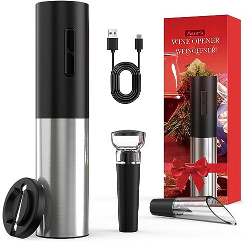 Assark - Abridor de vino eléctrico recargable, inalámbrico, automático, sacacorchos con cortador de aluminio, vertedor de vino y aspiradora, abridor de vino reutilizable con un solo clic, para fiestas