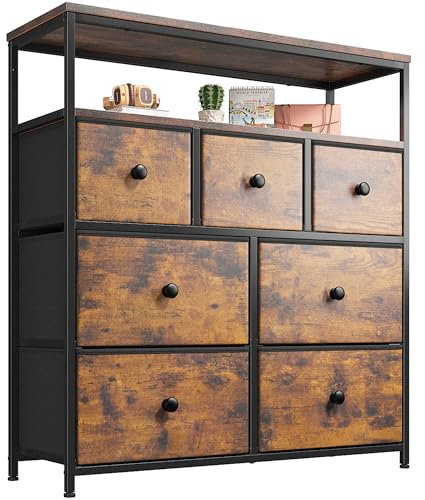 EnHomee Chest of Drawers,7 Drawer Chest of Drawers, Tall Chest of Drawers Bedroom with Sturdy Steel Frame and 2 Layer Wooden Top for Wardrobe, Living Room, Closet,Rustic Brown