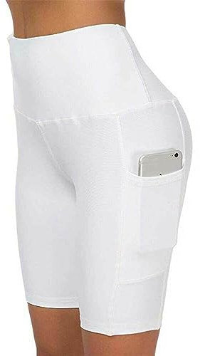 Boolavard Shorts for Women with Pockets – High Waisted Tummy Control Workout Yoga Running Gym Short Pants (M, White)