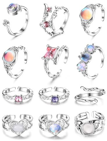 JeryWe 12Pcs Y2k Ringe Set für Frauen Grunge Schmuck Silber einstellbar offener Ring Mondstein Perle Herz niedlich Gothic Goth Ästhetik Y2k Zubehör Stacking Ringe Set Stil B