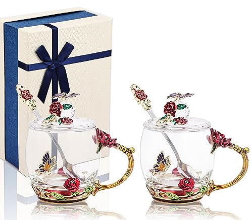 Emaille Schmetterling Blume Glas Kaffeebecher mit Löffeln und Deckeln, Satz 2-Sätze mit Geschenkbox für Frau, Mama, Großmutter, Freundin, Schwestern, Weihnachten, Geburtstag (rot)
