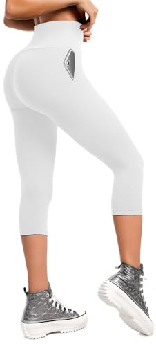 Walifrey High Waisted Capri Leggings for Women UK with Pockets ,3/4 Length Opaque Gym Leggings for Yoga Workout White SM