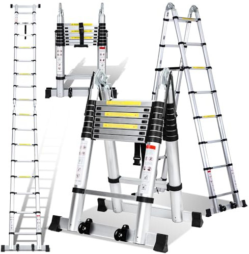 Eulenke Teleskopleiter 2,5M+2,5M Aluminium Trittleiter 8+8 Stufen Stehleiter Klappleiter, 150 kg Belastbarkeit, Teleskop Ausziehleiter Haushaltsleiter, Multifunktionsleiter, Silber