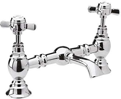 Balterley Basin Mixer Tap, Traditional Bridge Waterfall Sink Mixer Tap with Crosshead Handles, Deck Mounted Waterfall Basin Bathroom Taps, Durable Sink Taps for Bathroom and Cloakroom (Chrome)
