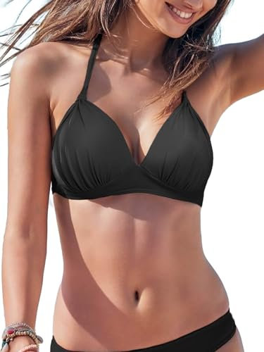 HAWILAND Push Up Bikini Oberteil Damen Sportlich Neckholder Bikini Top Retro Sexy Bikini mit Schnürung abnehmbaren Pads Schwarz S