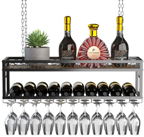 bimiti Ceiling Wine Rack Double-Layer Hanging Wine Rack Wall Mounted Wine Bottle Rack with Glass Holder & Shelf Height Adjustable Black Metal Ceiling Shelf for Bar Cafe Home Kitchen