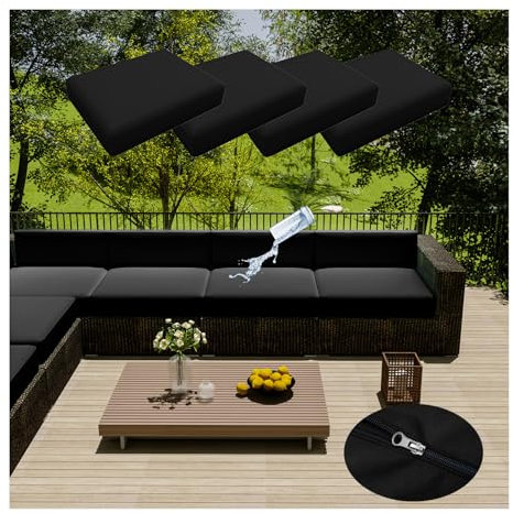HonunGron 4 Stück Terrassenkissenbezüge, Wasserdicht, Ersatz-Kissenbezüge für Gartenmöbel, Outdoor-Couch Kissenbezug mit Reißverschluss für Rattan-Möbel, Terrassen-Sofa (60 * 55cm,Schwarz)